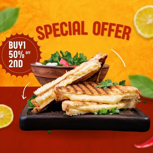 GRILL SANDWICH (3 SLICE) : Buy 1 & Get 50% Off on 2nd.